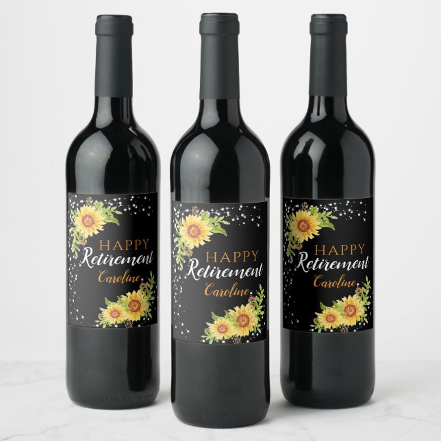 Étiquette Pour Bouteilles De Vin Joyeuse retraite florale tournesol noir (Bouteilles)