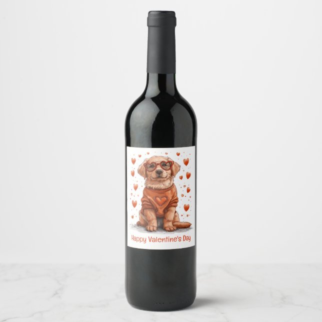 Étiquette Pour Bouteilles De Vin Joyeuse Saint-Valentin Golden Retriever Chien (Devant)