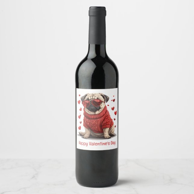 Étiquette Pour Bouteilles De Vin Joyeuse Saint-Valentin Pug Chien (Devant)