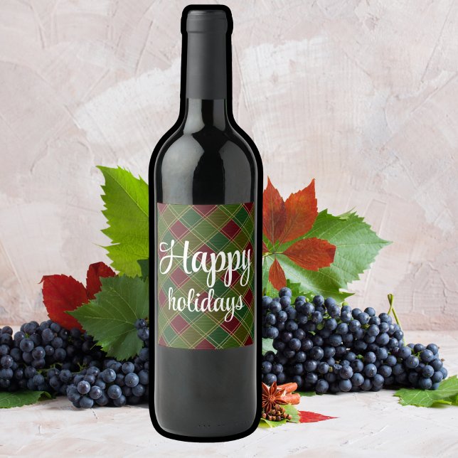 Étiquette Pour Bouteilles De Vin Joyeuses fêtes Buffalo Plaid Rouge et Vert Noël (Créateur téléchargé)
