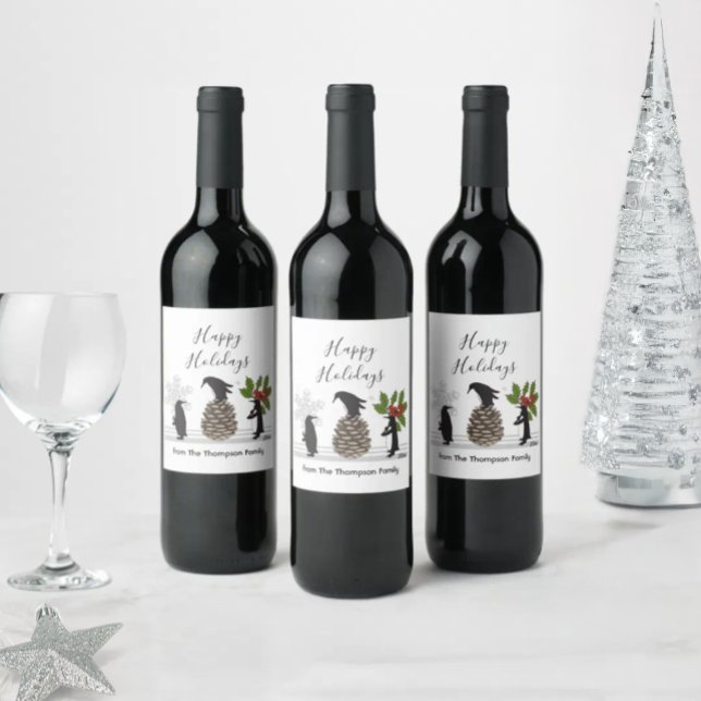 Étiquette Pour Bouteilles De Vin Joyeuses Fêtes Mignon Drôle Manchot Noël (Créateur téléchargé)