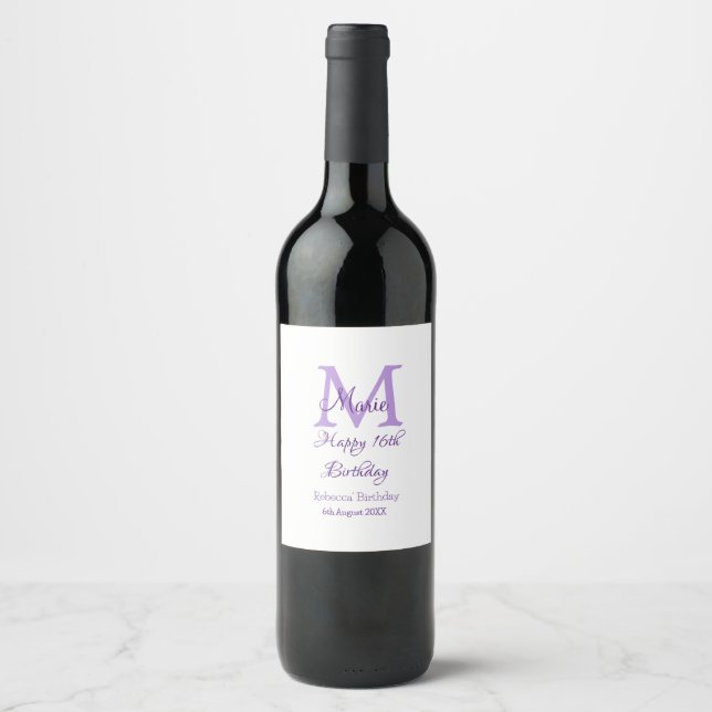 Étiquette Pour Bouteilles De Vin Joyeux 16e anniversaire violet ajouter nom monogra (Devant)