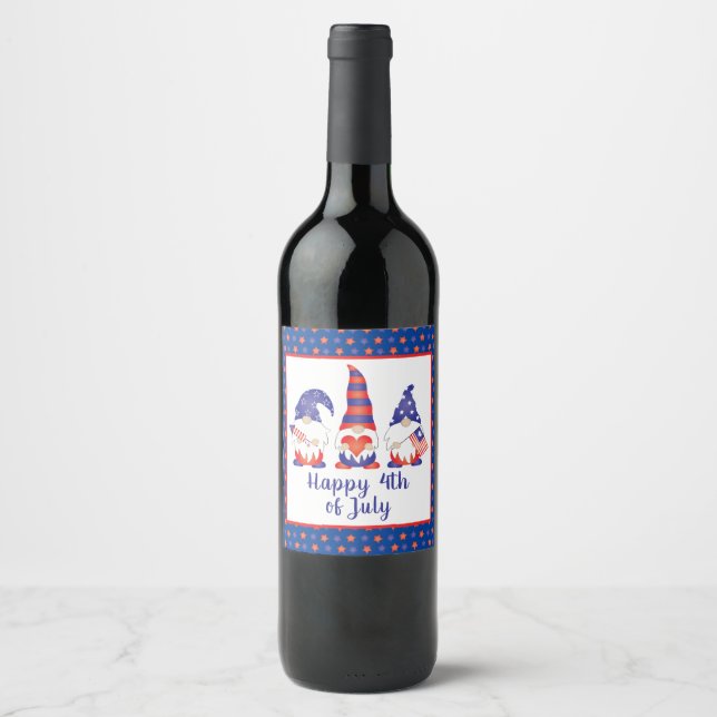 Étiquette Pour Bouteilles De Vin Joyeux 4 juillet Gnomes Rouge Blanc Bleu (Devant)