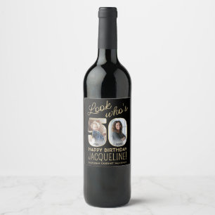 Étiquette Pour Bouteilles De Vin Joyeux Anniversaire 50 Ans Fête avec 2 Photos Noir