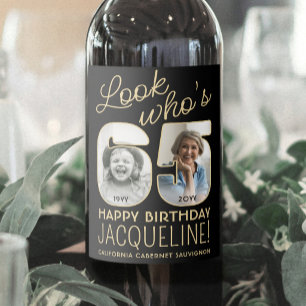Étiquette Pour Bouteilles De Vin Joyeux Anniversaire 65 Ans Fête avec 2 Photos Noir
