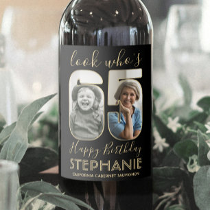 Étiquette Pour Bouteilles De Vin Joyeux Anniversaire 65 Ans Fête avec 2 Photos Noir