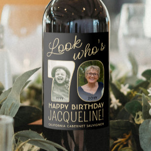 Étiquette Pour Bouteilles De Vin Joyeux Anniversaire 70 Ans Fête avec 2 Photos Noir