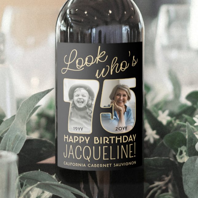 Étiquette Pour Bouteilles De Vin Joyeux Anniversaire 75 ans Fête avec 2 Photos Noir (Créateur téléchargé)