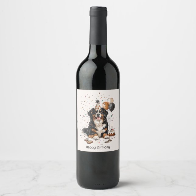 Étiquette Pour Bouteilles De Vin Joyeux anniversaire Bernese Mountain Dog (Devant)