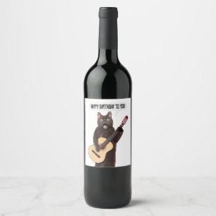 Étiquette Pour Bouteilles De Vin Joyeux Anniversaire Chat chanter et jouer de la gu