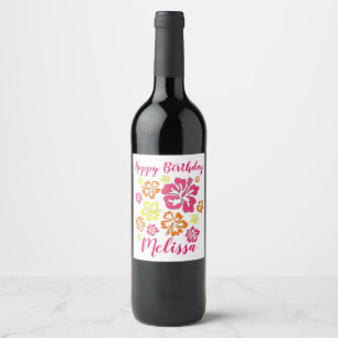 Étiquette Pour Bouteilles De Vin Joyeux anniversaire Fleurs d'Hibiscus hawaïens tro