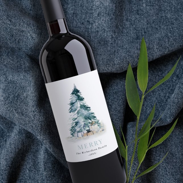 Étiquette Pour Bouteilles De Vin Joyeux Aquarelle Neige Pine Noël Arbre Cadeaux (Créateur téléchargé)
