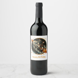 Étiquette Pour Bouteilles De Vin Joyeux Bateau à fusée d'anniversaire French Bulldo