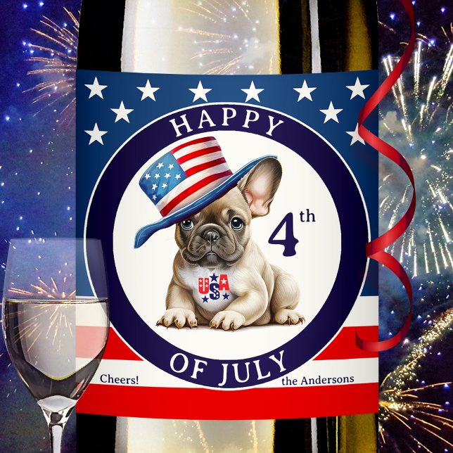 Étiquette Pour Bouteilles De Vin Joyeux Carlin 4 juillet (Wine label featuring a bulldog or pug with American hat to celebrate 4th of July - stars and stripes)