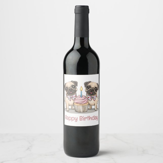Étiquette Pour Bouteilles De Vin Joyeux Carlin d'anniversaire Chiens Cupcake (Devant)