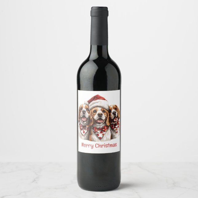 Étiquette Pour Bouteilles De Vin Joyeux Chiens Beagles de Noël (Devant)