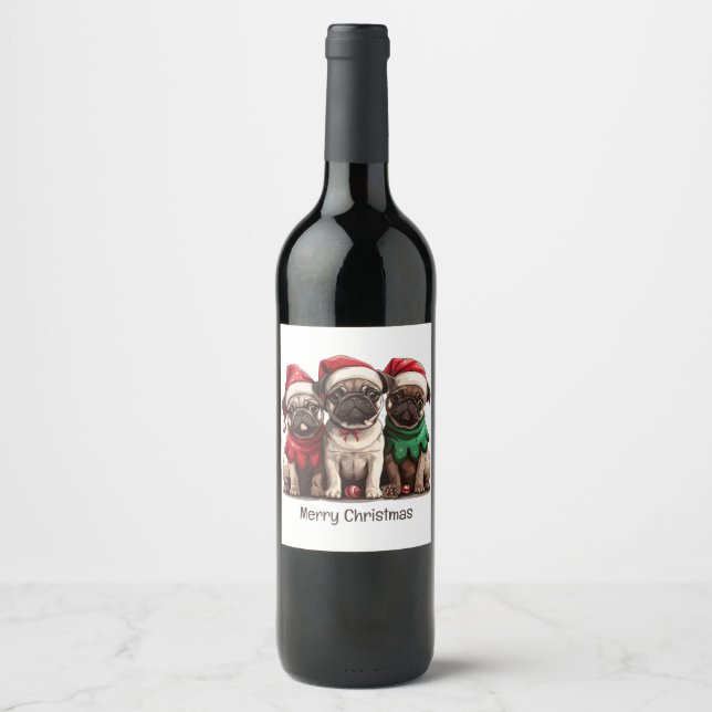 Étiquette Pour Bouteilles De Vin Joyeux Chiens de Carlin de Noël (Devant)