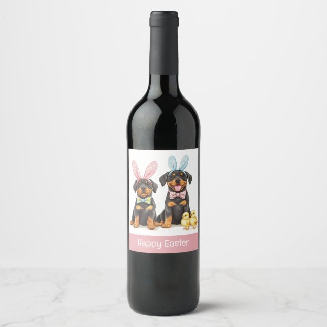 Étiquette Pour Bouteilles De Vin Joyeux Chiens de Pâques Rottweiler Des Oreilles Bu (Devant)