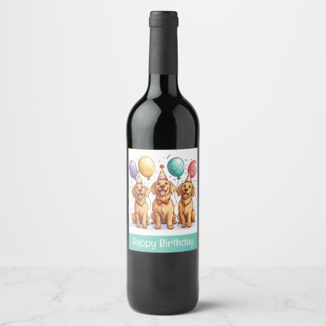 Étiquette Pour Bouteilles De Vin Joyeux Chiens d'or d'excursion d'anniversaire (Devant)