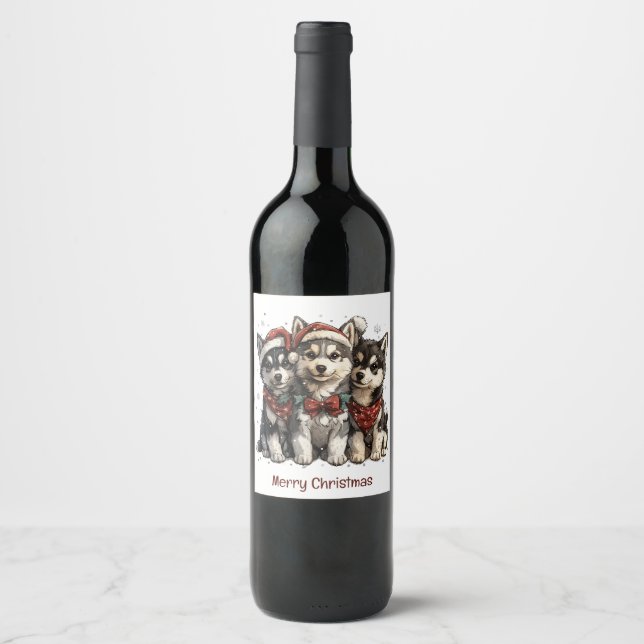 Étiquette Pour Bouteilles De Vin Joyeux Chiens Husky Noël (Devant)