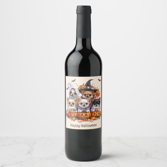 Étiquette Pour Bouteilles De Vin Joyeux Chihuahua Halloween (Devant)