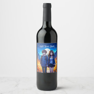 Étiquette Pour Bouteilles De Vin Joyeux Halloween   Couple d'anime se tenant la mai
