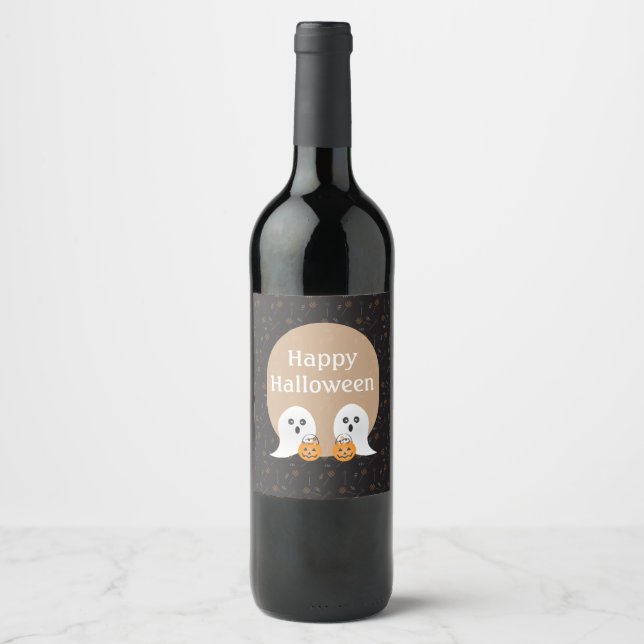 Étiquette Pour Bouteilles De Vin Joyeux Halloween Fantômes Trick Ou Traiter (Devant)