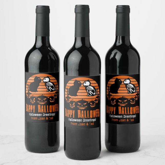 Étiquette Pour Bouteilles De Vin Joyeux Halloween Skeleton Chat Retro Sunset (Bouteilles)