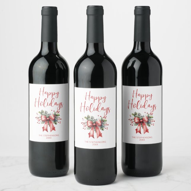 Étiquette Pour Bouteilles De Vin Joyeux Jours de Vacances Moderne Script Holly Bow  (Bouteilles)