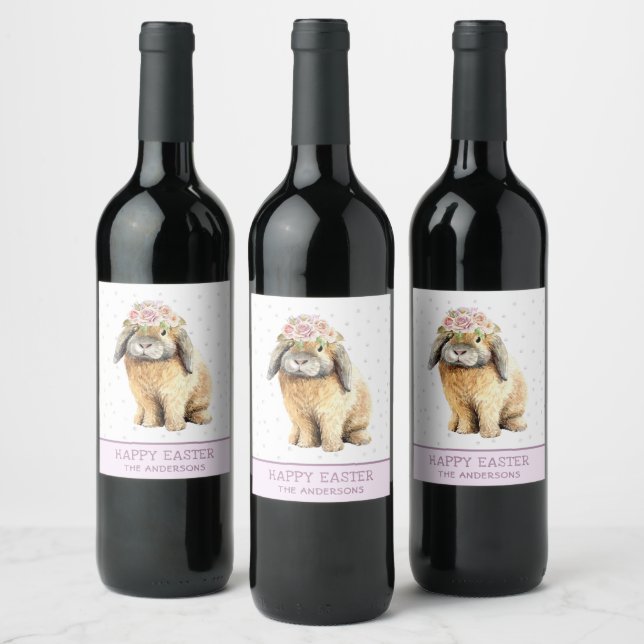 Étiquette Pour Bouteilles De Vin Joyeux Lapin Floral De Pâques Nom Personnalisé (Bouteilles)