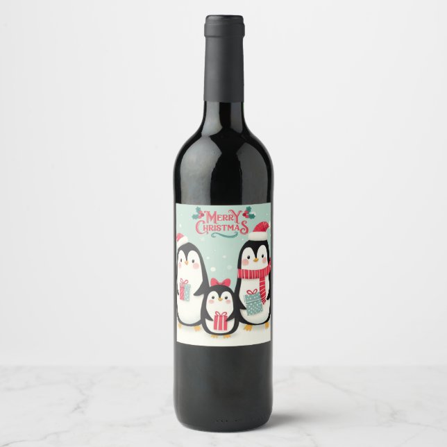 Étiquette Pour Bouteilles De Vin Joyeux manchots enneigés de Noël (Devant)