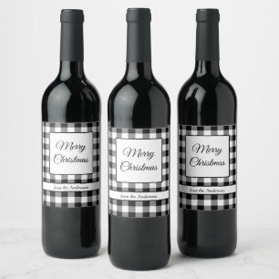 Étiquette Pour Bouteilles De Vin Joyeux Noël à carreaux rustique noir et blanc