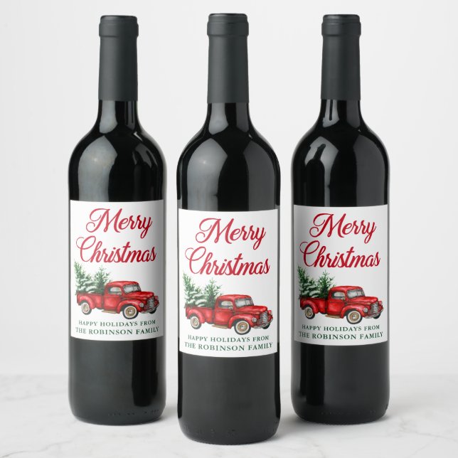 Étiquette Pour Bouteilles De Vin Joyeux Noël aquarelle Camion rouge classique (Bouteilles)