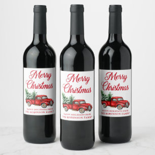 Étiquette Pour Bouteilles De Vin Joyeux Noël Aquarelle Vintage Camion rouge