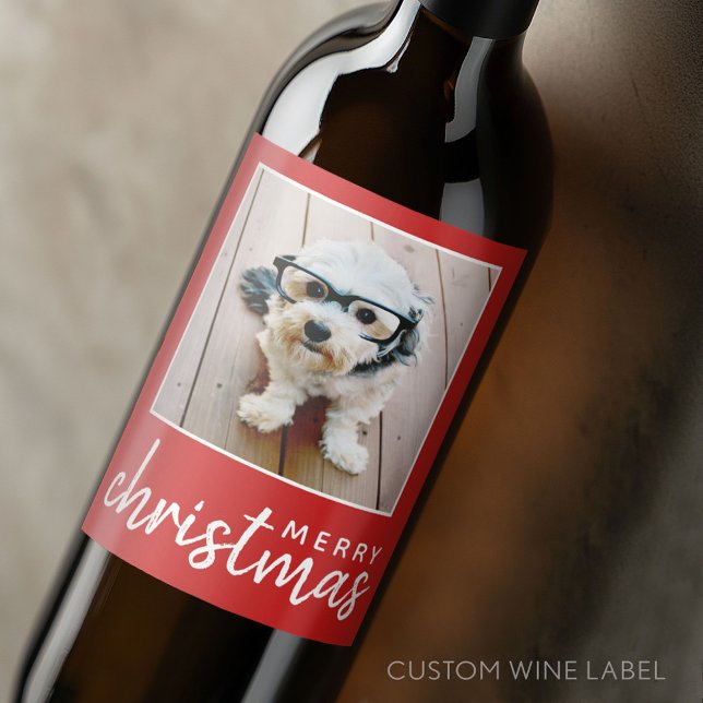Étiquette Pour Bouteilles De Vin Joyeux Noël avec une photo Carré - rouge (Custom Wine Bottle Label - Personalize a Sticker for a fun gift or memento)