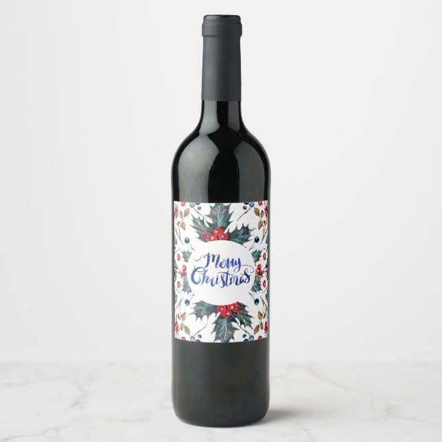 Étiquette Pour Bouteilles De Vin Joyeux Noël - Bleu rouge Motif de baies Holly (Devant)