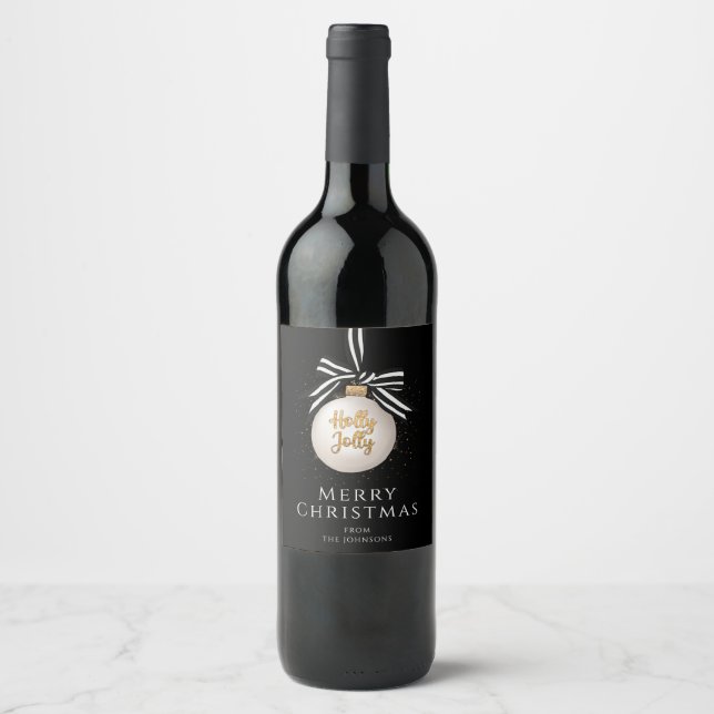 Étiquette Pour Bouteilles De Vin Joyeux Noël Boule Noir & Blanc (Devant)