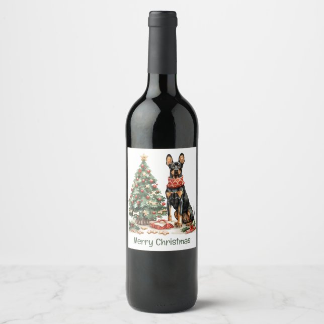 Étiquette Pour Bouteilles De Vin Joyeux Noël Chiens Dobermann (Devant)