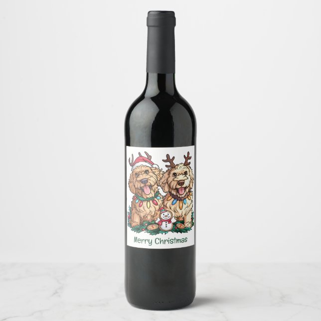 Étiquette Pour Bouteilles De Vin Joyeux Noël Chiens Goldendoodle (Devant)