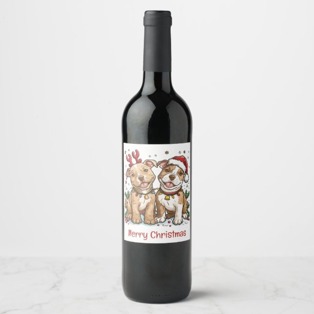 Étiquette Pour Bouteilles De Vin Joyeux Noël Chiens Pit Bull (Devant)