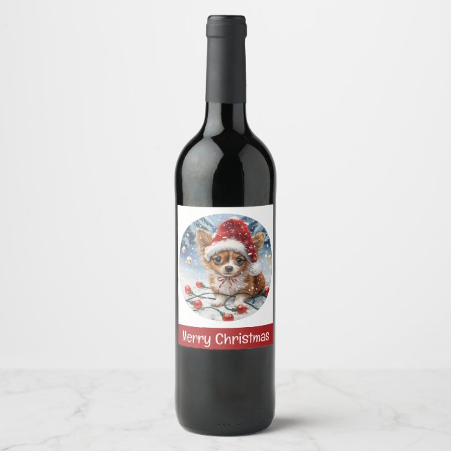 Étiquette Pour Bouteilles De Vin Joyeux Noël Chihuahua Père Noël Chien (Devant)