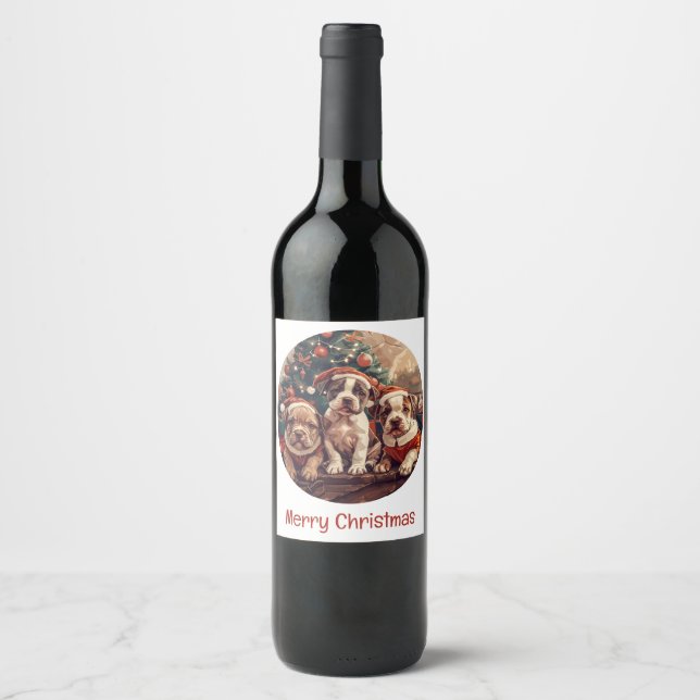 Étiquette Pour Bouteilles De Vin Joyeux Noël Chiots Pit Bull (Devant)
