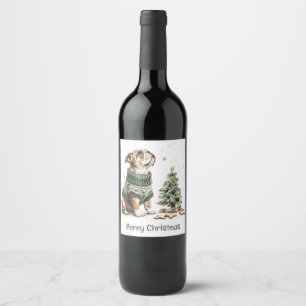 Étiquette Pour Bouteilles De Vin Joyeux Noël English Bulldog arbre de Noël