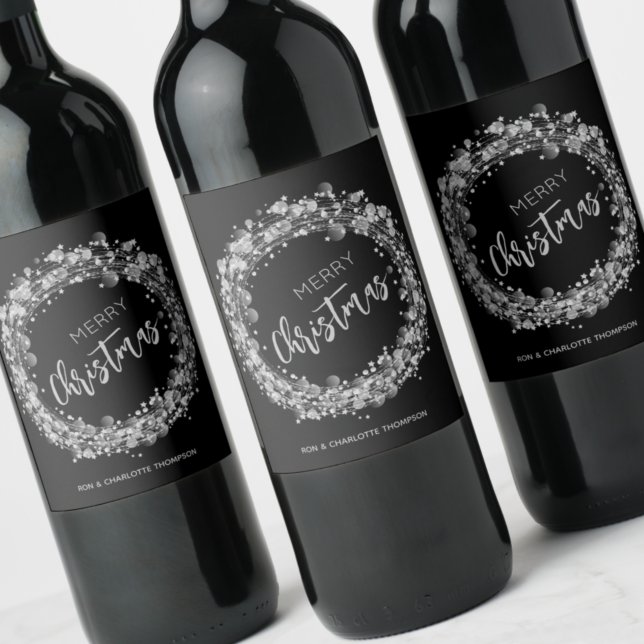 Étiquette Pour Bouteilles De Vin Joyeux Noël Etoiles d'argent (Créateur téléchargé)