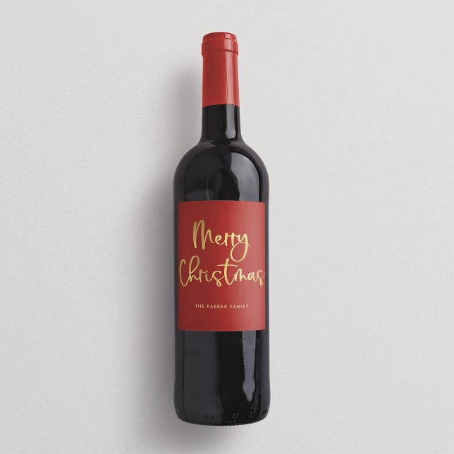 Étiquette Pour Bouteilles De Vin Joyeux Noël | Faux Gold Décontracté Script sur rou (An elegant holiday wine label with faux gold script on red)