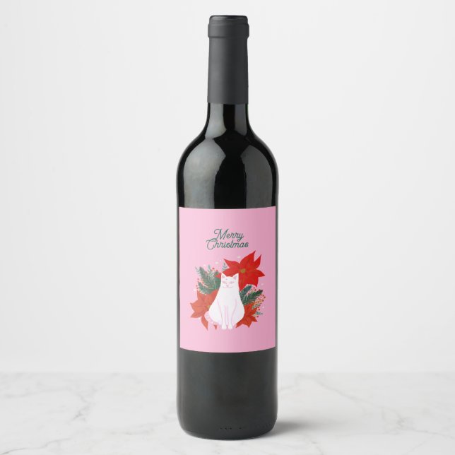 Étiquette Pour Bouteilles De Vin Joyeux Noël Floral Chat (Devant)