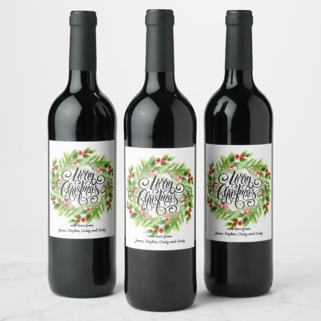 Étiquette Pour Bouteilles De Vin Joyeux Noël Floral Wreath Personnalisé (Bouteilles)