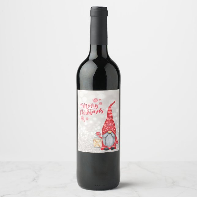 Étiquette Pour Bouteilles De Vin Joyeux Noël, Flou bokeh, Gentil Gnome (Devant)