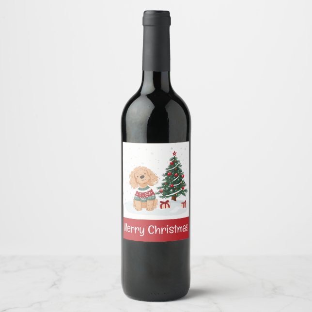 Étiquette Pour Bouteilles De Vin Joyeux Noël Goldendoodle Chien (Devant)