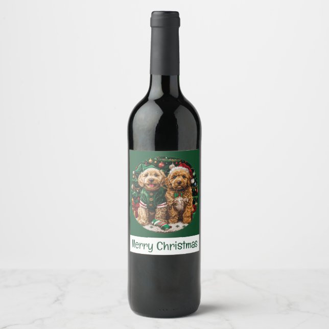 Étiquette Pour Bouteilles De Vin Joyeux Noël Goldendoodle Chiens de chiot (Devant)